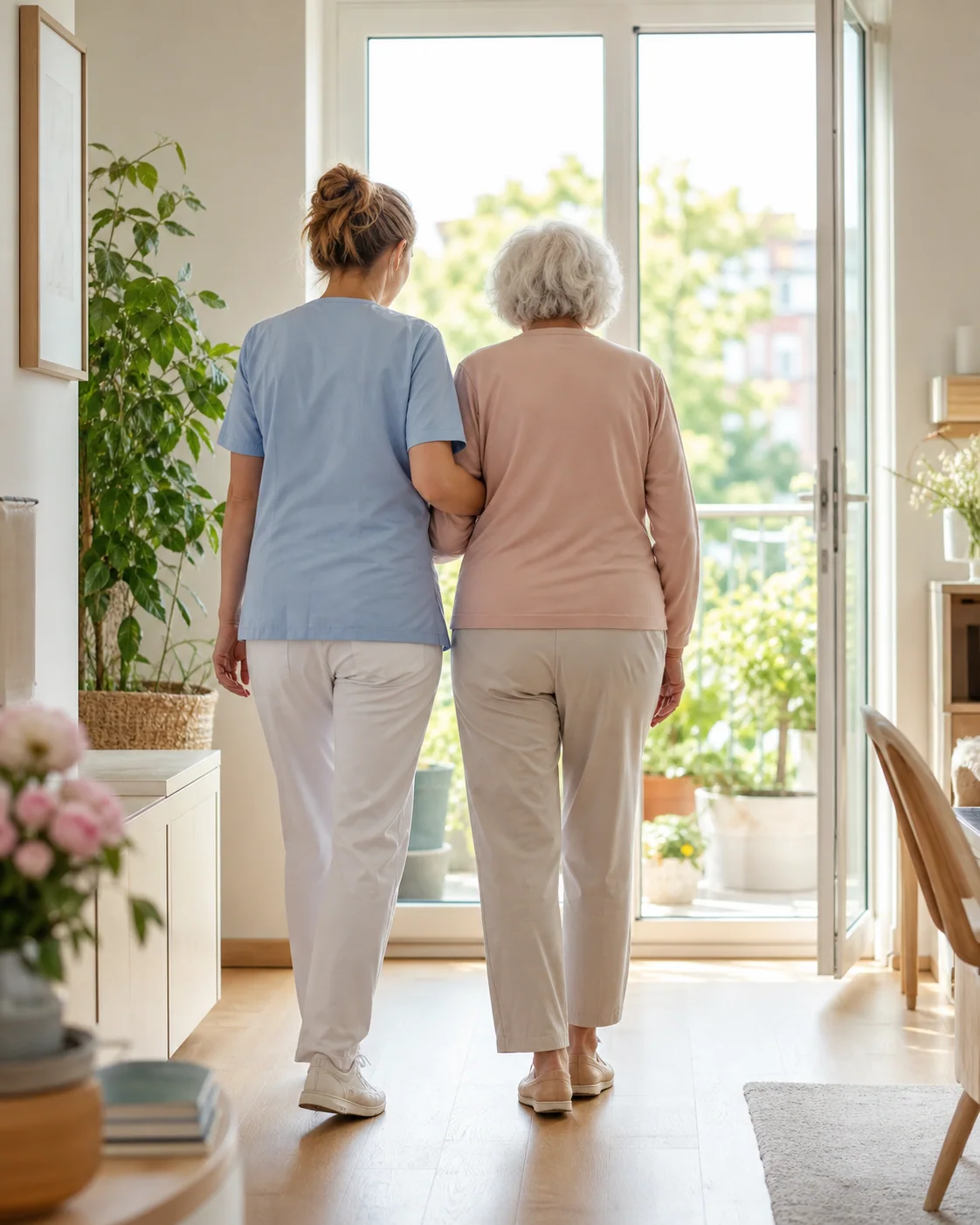 Pflegefachkraft begleitet eine Seniorin sicher durch ihr helles Zuhause