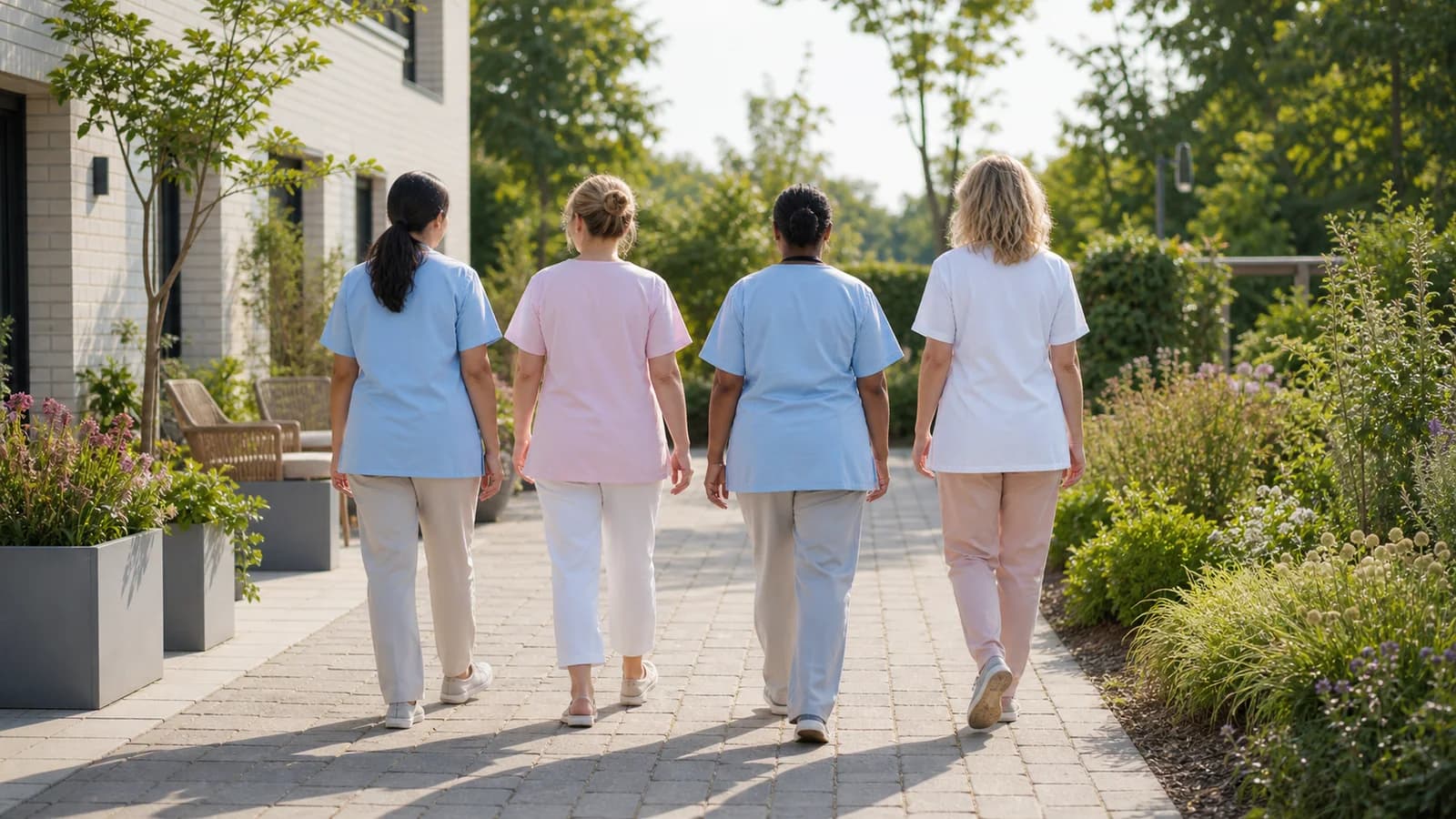 Pflegeteam auf dem gemeinsamen Weg durch einen hellen Garten