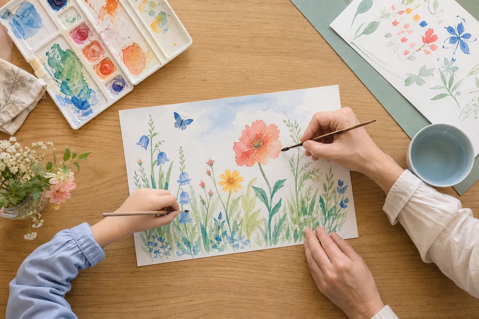 Kind und Begleitperson malen gemeinsam ein farbenfrohes Gartenbild